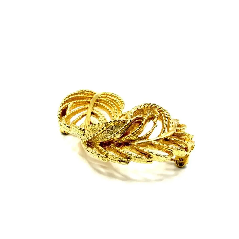 VTG Lisner 1960s - 1970s Vintage Gold Tone Open Weave Feather Plume Leaf Brooch